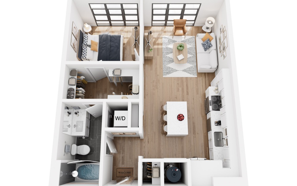 A06 - 1 bedroom floorplan layout with 1 bathroom and 672 square feet (3D)