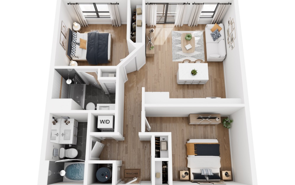 B01A - 2 bedroom floorplan layout with 2 bathrooms and 868 square feet (3D)