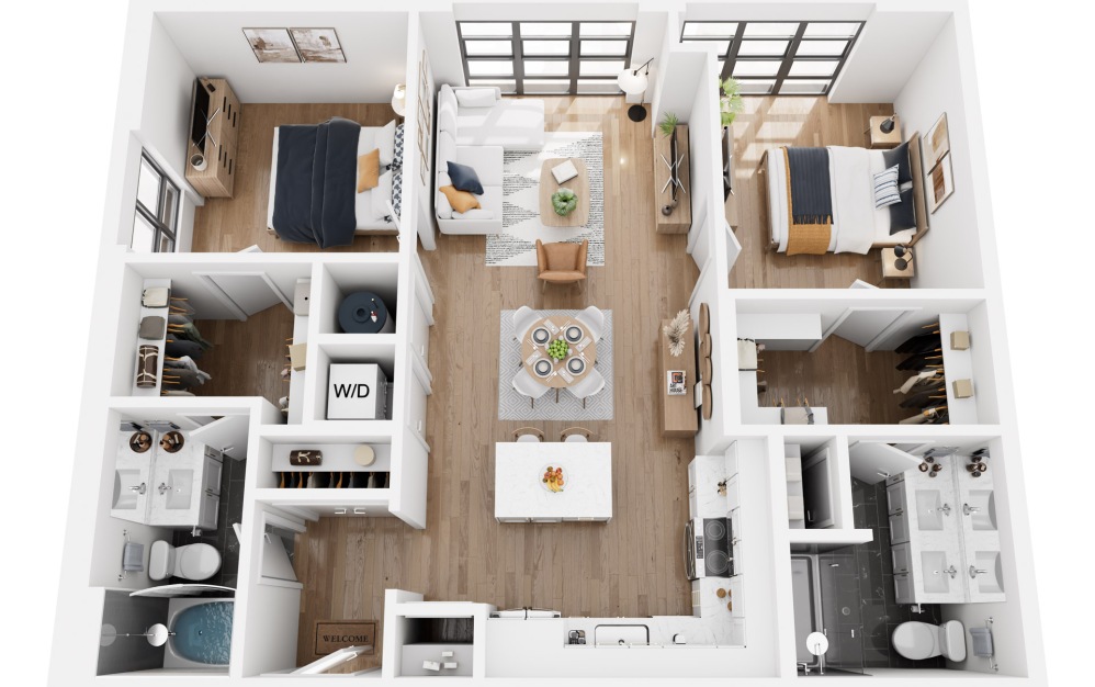 B10A - 2 bedroom floorplan layout with 2 bathrooms and 1080 square feet (3D)