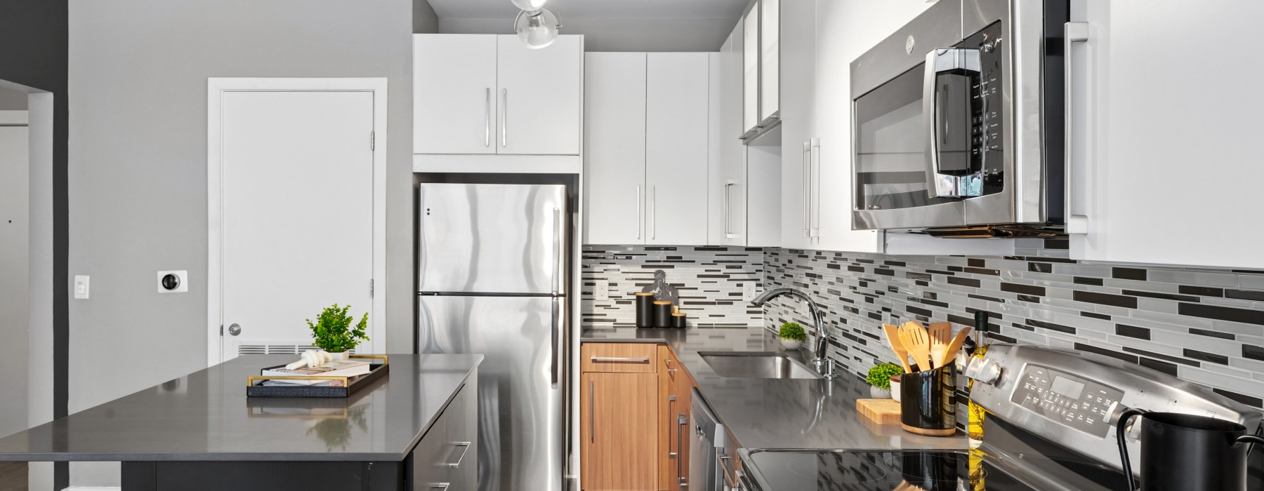 kitchen with island and fridge