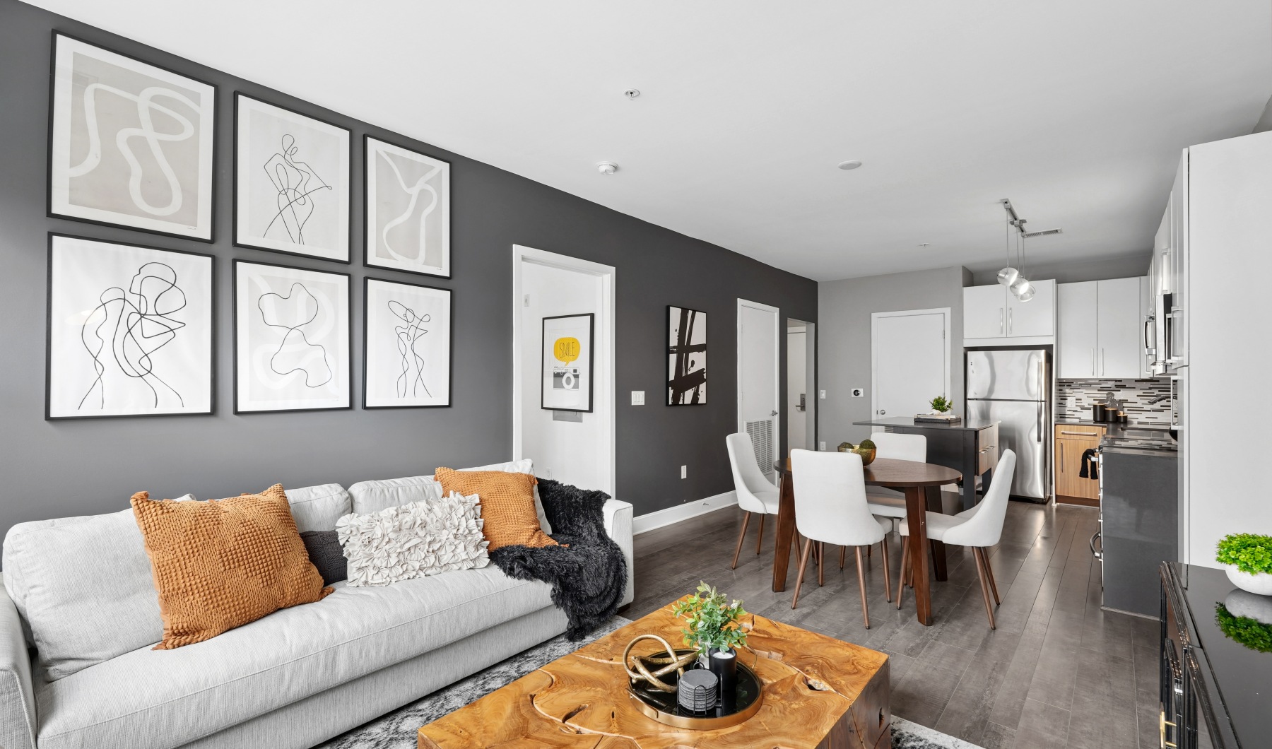 a living room with a couch and a table